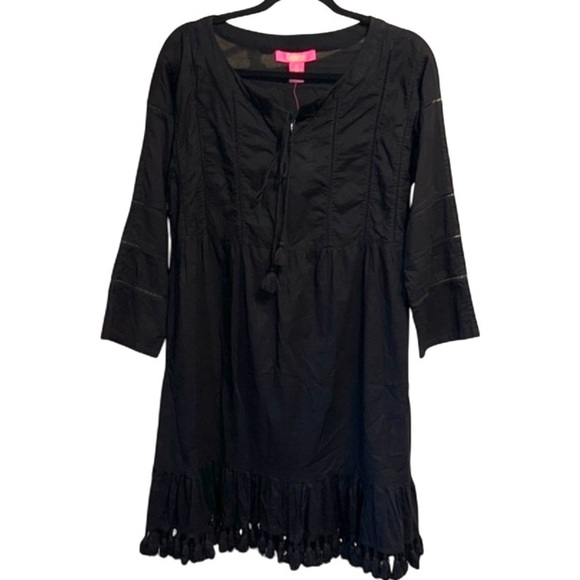 Catherine Malandrino dress black boho peasant tassel front & trim detail cotton - Picture 1 of 6